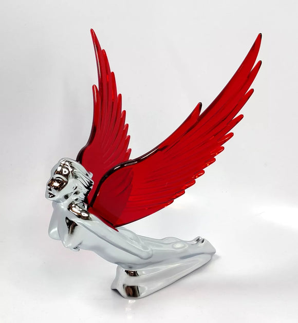 Flying Goddess Hood Ornament - Chrome w/ Red Wings