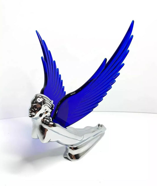 Flying Goddess Hood Ornament - Chrome w/BLUE Wings