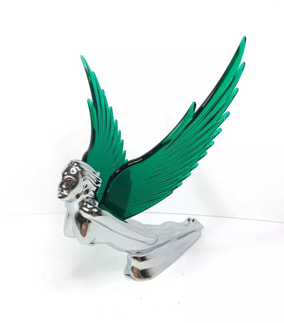 Flying Goddess Hood Ornament - Chrome w/GREEN Wings