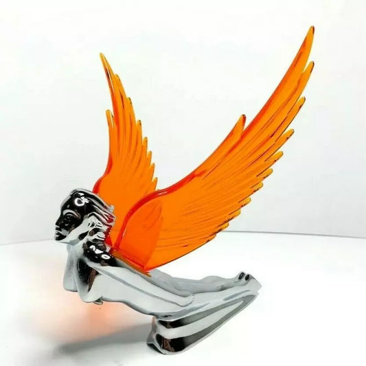 Flying Goddess Hood Ornament - Chrome w/AMBER  Wings